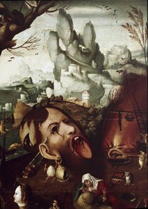 Pyhän Antoniuksen kiusaus (Temtation of St Anthony) Yksityiskohtamaalaus Henri Met de Bles dit Civetta (1480-1550) Koko 78,5x97,2 cm Venetsian museo Correr