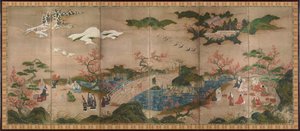 Les spectators des erables (Mapple Viewers) - Kuuden paneelin näyttö - Kano Hideyorin työ (aktiivinen 1565-1576), akvarelli ja muste paperille - Japanilainen taide tekijältä Hideyori Kano
