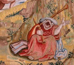Flanderin kuvakudos. Sarja Neljä kuvakudosta Hieronymus Boschin mukaan. Pyhä Antonius rukouksessa (San Antonio en oración). Sarjan toinen kuvakudos. Hieronymus Boschin työn inspiroima malli. Valmistus Tuntematon työpaja, Bryssel. Ennen vuotta 1560. Kangas 