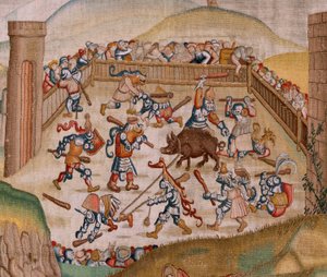 Flanderin kuvakudos. Sarja Neljä kuvakudosta Hieronymus Boschin mukaan. Saint Martin (San Martín). Ensimmäinen kuvakudos sarjassa. Hieronymus Boschin työn inspiroima malli. Valmistus Tuntematon työpaja, Bryssel. Ennen 1560. Kangas Kulta, hopea, silkki ja w tekijältä Hieronymus (after) Bosch
