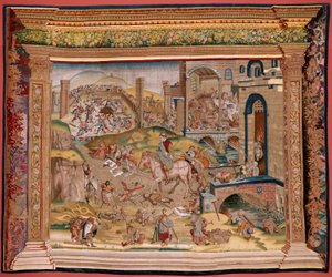 Flanderin kuvakudos. Sarja Neljä kuvakudosta Hieronymus Boschin mukaan. Saint Martin (San Martín). Ensimmäinen kuvakudos sarjassa. Hieronymus Boschin työn inspiroima malli. Valmistus Tuntematon työpaja, Bryssel. Ennen 1560. Kangas Kulta, hopea, silkki ja w tekijältä Hieronymus (after) Bosch