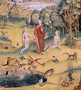 Flanderin kuvakudos. Sarja Neljä kuvakudosta Hieronymus Boschin mukaan. Maallisten ilojen puutarha (Jardín de las Delicias). Sarjan neljäs kuvakudos. Hieronymus Boschin työn inspiroima malli. Valmistus Tuntematon työpaja, Bryssel. Ennen vuotta 1560. Fa