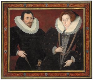 Kelstonin sir John Haringtonin (1560-1612) ja Maryn, Lady Haringtonin (n. 1571-1634) kaksoismuotokuva, n. 1589-93 (öljy paneelille, siirretty kartongille). tekijältä Hieronymus (attr. to) Custodis