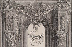 Keskusportaalin sisäänkäynnin yläosa, jossa siivekäs hahmo pitää I..., 1515.