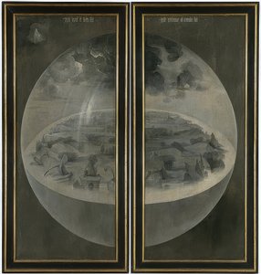 Maallisten ilojen puutarha. Triptyykki, takana: Luominen. Noin 1500-05 tekijältä Hieronymus Bosch