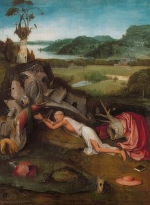 Pyhä Jerome erämaassa. Noin 1490 tekijältä Hieronymus Bosch
