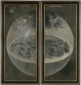 Maan kosmista palloa edustavan maailman luominen (kupla). Triptyykin ""Maallisten nautintojen puutarha"" ikkunaluukkujen takaosa. Hieronymus Van Aekenin (Aken) maalaus, joka tunnetaan nimellä Hieronymus Bosch (1450-1516)