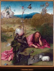 Pyhä Johannes Kastaja autiomaassa - maalaus Jeronimus van Aken, Jerome (Hieronymus) Bosch (n. 1450 -1516), öljy puulle, 48,5x40 cm, noin 1489 - Madrid, Museo Lazaro Galdiano tekijältä Hieronymus Bosch