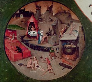 Seitsemän kuolemansynnin ja neljän viimeisen asian pöytälevy, yksityiskohta helvetistä, n. 1480 (öljy paneelissa) tekijältä Hieronymus Bosch