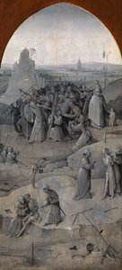 Pyhän Antoniuksen kiusaus. Triptyykki, kääntöpuoli: Kristus kantaa ristiä, 1500-1501. tekijältä Hieronymus Bosch