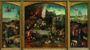 Pyhän Antoniuksen kiusaus. Korkearesoluutioinen kopio Google Art Projectista. Vasen yläkulma piti ottaa uudelleen näyte tekijältä Hieronymus Bosch