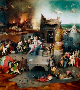 Kiusausten tryptiikka: "" Pyhän Antoniuksen kiusaukset"" Keskipaneeli, joka edustaa erakkoa Pyhää Antonius Suurta (251-356) (tai Pyhää Antonius Erakkoa tai Pyhää Anthony Abbea), joka kärsii paholaisen kiusauksista erämaassa. Maalauksen tekijä tekijältä Hieronymus Bosch