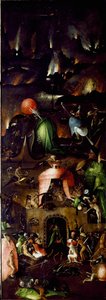 Viimeisen tuomion tryptiikka: oikea paneeli, joka edustaa helvettiä. Hieronymus Van Aekenin (Aken) maalaus puulle, Jerome Bosch (1450-1516) 1504 noin su. 167,5x60 cm Wien, Kuvataideakatemian maalausgalleria hist tekijältä Hieronymus Bosch