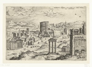 Gezicht op het Forum Romanum (otsikko esineessä) Rooman rauniot (sarjan nimi) tekijältä Hieronymus Cock