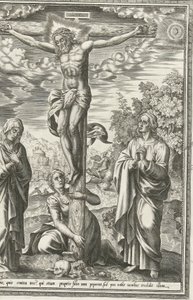 Ristiinnaulitseminen Marian, Johannes Kastajan ja Maria Magdaleenan kanssa tekijältä Hieronymus Cock