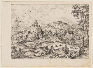Mercury Lulling to Sleep Argus, teoksesta Landscapes with Biblical and Mythological Scenes (Maisemat, joissa on raamatullisia ja mytologisia maisemia) tekijältä Hieronymus Cock