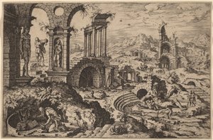 Pyhä Hieronymus maisemassa raunioiden kanssa tekijältä Hieronymus Cock after Maerten van Heemskerck