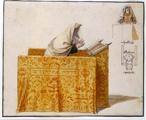 Vesiväri, höyhen, 27 x 33 cm. Rabbi synagogassa, Hieronymus Hessin (1799 - 1850) piirustus, hahmon projekti. (JM 1190) Jewish Museum Basel, Sveitsi. tekijältä Hieronymus Hess
