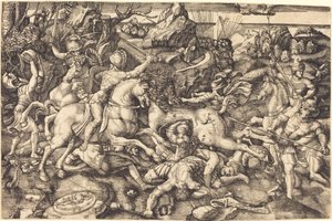 Taistelu ratsumiesten ja jalkasotilaiden välillä tekijältä Hieronymus Hopfer after Raphael