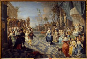 Pallo palatsin terassilla, entiseltä nimeltään pallo Itävallan Don Juanin pihalla Hieronymus Janssensin maalaus dit le Dancer (1624-1693) (ec.flam.) 1658 su. 1,14 x 1,7 m Lille, Musee des Beaux Arts