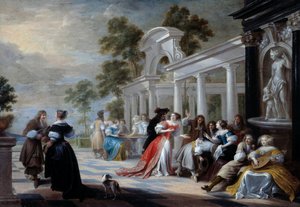 Peli Hot Hand Flanderin aateliston nuoret leikkivät puistossa. Hieronymus Janssensin maalaus dit le Dancer (1624-1693) 1600-luvun su. 0,58x0,83 m