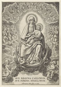 Maria Kristus-lapsen kanssa puolikuussa Ave Regina Caelorum, Ave Domina Angelorvm (otsikko esineessä)