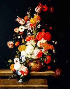 Ruusut, pionit, tulppaanit ja hortensiat koristeellisessa pronssiuurnissa (öljy paneelille) tekijältä Hieronymus the Elder Galle