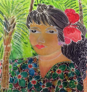 Lady with Hibiscus (värilliset musteet silkillä) tekijältä Hilary Simon