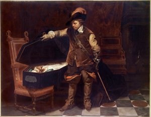 "Oliver Cromwell Charles I Stuartin arkun edessä" (1649). Oliver Cromwell (1599-1658) asettaa oikeudenkäynnin Englannin kuningasta vastaan, joka tuomitaan ja mestataan 9. helmikuuta 1649. Paul Delarochen (1797-1856) maalaus