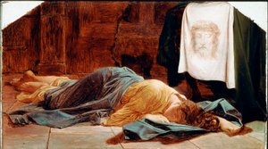 Saint Veronica Nuori nainen pyörtyy lähellä pyhää käärinliinaa. Pyhä verho edustaa Kristuksen kasvoja, jonka hien Veroniquen sanottiin hikoilevan Golgatalle kiipeämisen aikana. Paul Delarochen (1797-1856) maalaus 1800-luvun aurinko. 28x49 cm Pa
