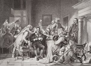 Charles I (1600-49) vartiohuoneessa, jota Oliver Cromwellin sotilaat loukkasivat, "Englannin ja Skotlannin historian kuvituksista" osa I tekijältä Hippolyte Delaroche