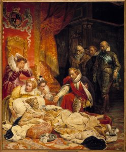 Englannin kuningatar Elizabeth Ieren kuolema vuonna 1603 Kuningatar Elizabeth kuoli masennukseen ja sairauteen 24.3.1603 hovimiesten ympäröimänä. Paul Delarochen maalaus
