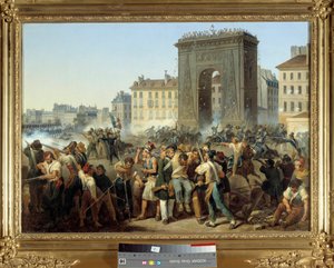 Taistelu portista Saint Denis 28. heinäkuuta 1830 Pariisin kapina vuoden 1830 vallankumouksen aikana tai Trois Glorieuses. Hippolyte Lecomten (1781-1857) maalaus. 1830. Dim. 0,43 x 0,60 m. Pariisi, Musee Carnavalet - Taistelu Porte Saint Denisissä, 28. hei