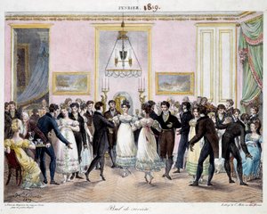 Societe ball Pariisissa värikynäkaupassa Conte, Place du palais Royal helmikuussa 1819 Hippolyte Lecomten (1781-1857) litografia 1819. Paris, Musee Carnavalet tekijältä Hippolyte Lecomte