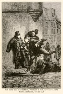 Hänen hiuksensa kaikki sekaisin, ilman hattua, kaataen jalkamatkustajia, hän juoksi Jules Vernen (1828-1905) Louisin kaiverruksesta "Maailman ympäri kahdeksankymmenessä päivässä" tekijältä Hippolyte Leon (after) Benett