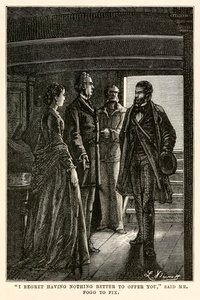 "Olen pahoillani, ettei minulla ole sinulle parempaa tarjottavana", sanoi herra Fogg Fixille, Jules Vernen (1828-1905) teoksesta Maailman ympäri kahdeksankymmenessä päivässä, Henri-Théophile Hildebrandin (1824-97) kaiverruksesta. tekijältä Hippolyte Leon (after) Benett