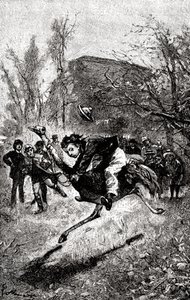 Ang batang Serbisyo ay nakasakay sa isang ostrich. Engravingfinn tekijältä Hippolyte Leon Benett