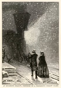 Valtava varjo, jota edeltää välkkyvä keltainen häikäisy, Jules Vernen (1828-1905) teoksesta Maailman ympäri kahdeksassakymmenessä päivässä, kaiverrettu Adolphe François Pannemaker (1822-1900), 1873 tekijältä Hippolyte Leon after Benett