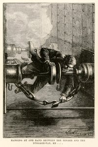 Hän riippui toisella kädellä tarjottimen ja pakettiauton välissä... Jules Vernen (1828-1905) julkaisusta Maailman ympäri kahdeksassakymmenessä päivässä, Louisin kaivertama, 1873 tekijältä Hippolyte Leon after Benett