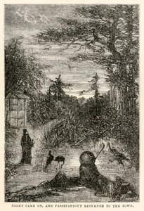 Yö koitti, ja Passepartout palasi kaupunkiin Jules Vernen (1828-1905) Maailman ympäri kahdeksankymmenessä päivässä, kaiverruksesta Louis Prevost, 1873. tekijältä Hippolyte Leon after Benett