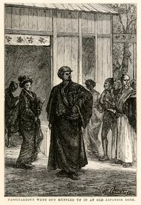 Passepartout meni ulos vaimennettuna vanhassa japanilaisessa kaapussa Jules Vernen (1828-1905) teoksesta Around the World in Eighty Days, kaiverrus Louis Prevost, 1873