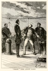 Merirosvo! huudahti Andrew Speedy. Jules Vernen (1828-1905) teoksesta Maailman ympäri kahdeksassakymmenessä päivässä kaiverrus Louis Dumont (s.1822) 1873