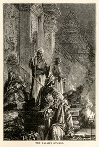 Rajahien vartijat, Jules Vernen (1828-1905) teoksesta Maailman ympäri kahdeksassakymmenessä päivässä, kaivertaja Adolphe François Pannemaker (1822-1900), 1873. tekijältä Hippolyte Leon after Benett
