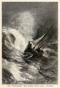 Tankadere heitellään kuin höyhen, Jules Vernen (1828-1905) teoksesta Maailman ympäri kahdeksassakymmenessä päivässä, jonka on kaiverruttanut Adolphe François Pannemaker (1822-1900), 1873.