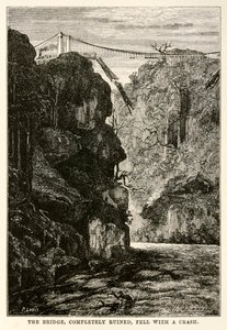 Täysin tuhoutunut silta putosi törmäyksellä Jules Vernen (1828-1905) kaiverruksesta Maailman ympäri kahdeksassakymmenessä päivässä, Louis, 1873