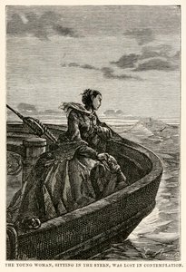 Nuori nainen istuu perässä ja vaipuu mietteisiin, Jules Vernen (1828-1905) teoksesta Maailman ympäri kahdeksassakymmenessä päivässä, kaivertaja Jean Louis Prevost (1790-1850), 1873.