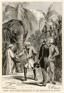 Siellä he löysivät itsensä eläimen läsnäolosta Jules Vernen (1828-1905) teoksesta Maailman ympäri kahdeksassakymmenessä päivässä, kaiverruksen Adolphe François Pannemaker (1822-1900), 1873. tekijältä Hippolyte Leon after Benett