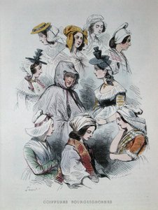 Burgundialaisten talonpoikien päähineet kirjasta Les Francais peints par lui-mes tekijältä Hippolyte Louis and Polydore Pauquet