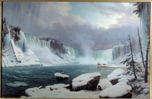 Suuri Niagaran kaihi, talviefekti. Näkymä Niagaran putouksille. Hippolyte Victor Valentin Sebronin (1801-1879) maalaus