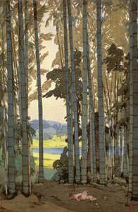 Kanat bambupuussa (värillinen puupainatus) tekijältä Hiroshi Yoshida
